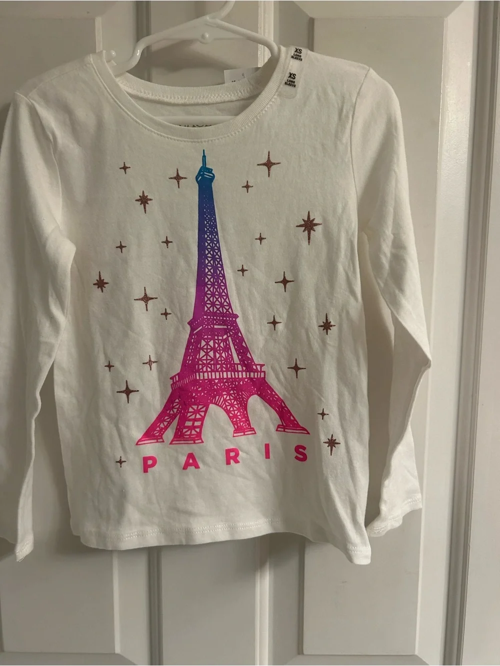 NWT-The Children's Place White Long-Sleeve Tee with Pink-to-Blue Eiffel Tower
